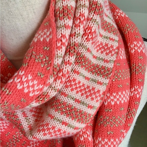 New York & Co Orange Cream & Gold Fair Isles Infinity Knit Scarf - Picture 3 of 4